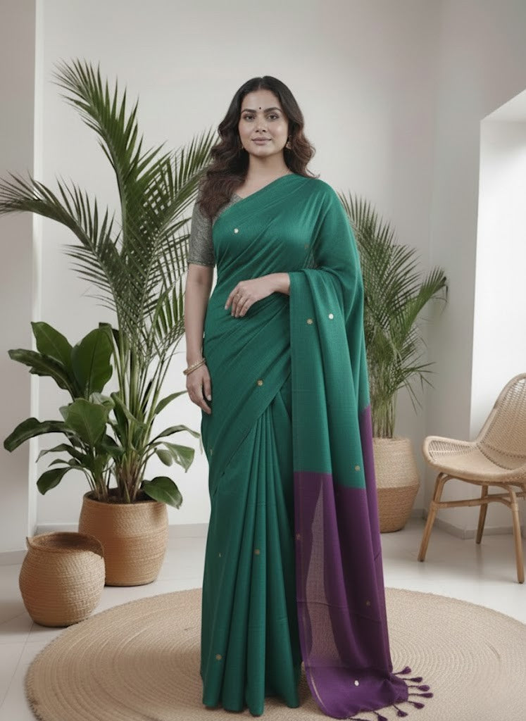 Tripura Kadhi Cotton Emerald Green Saree laaki