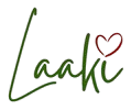 Signature-style text 'Laaki' with a heart symbol on a white background logo