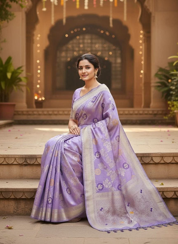 Woman in a purple saree sitting on steps with decorative background