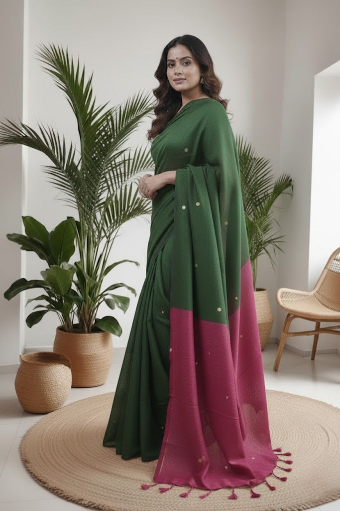 Tripura Kadhi Cotton Olive Green Saree laaki