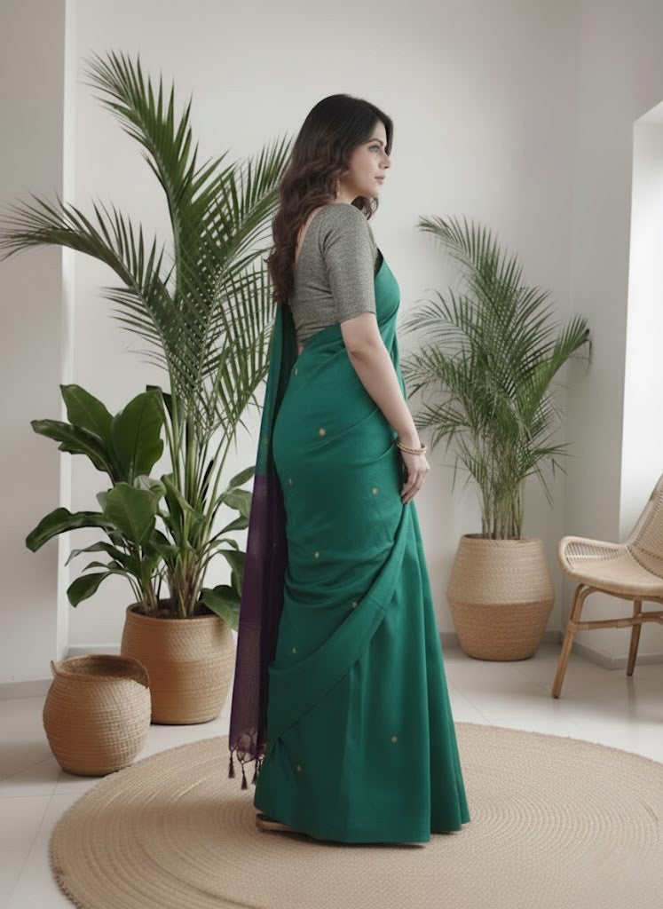 Tripura Kadhi Cotton Emerald Green Saree laaki