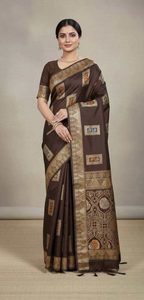 Woman wearing a brown saree with intricate patterns on a plain background