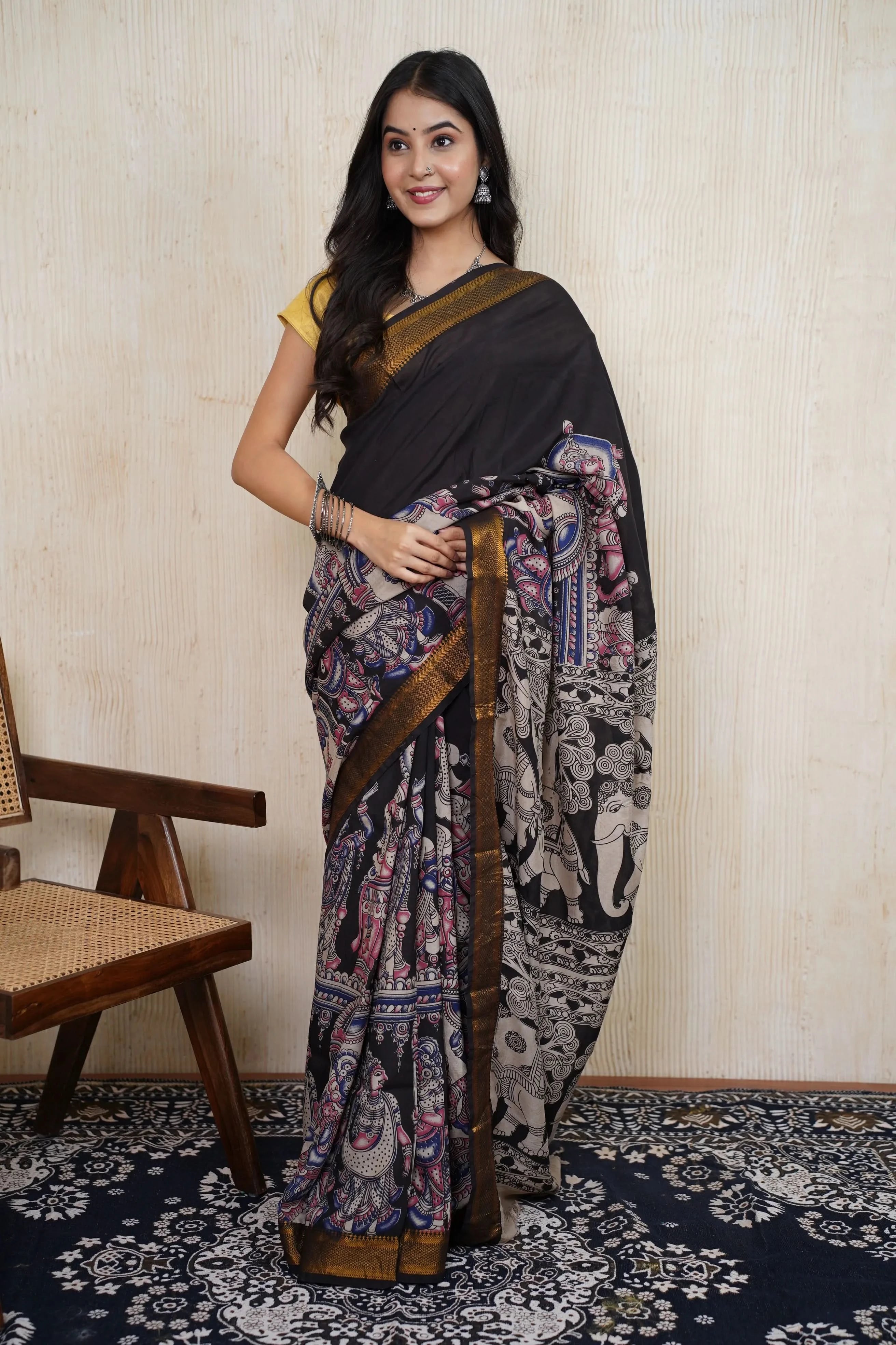 Komali Black Kalamkari Saree
