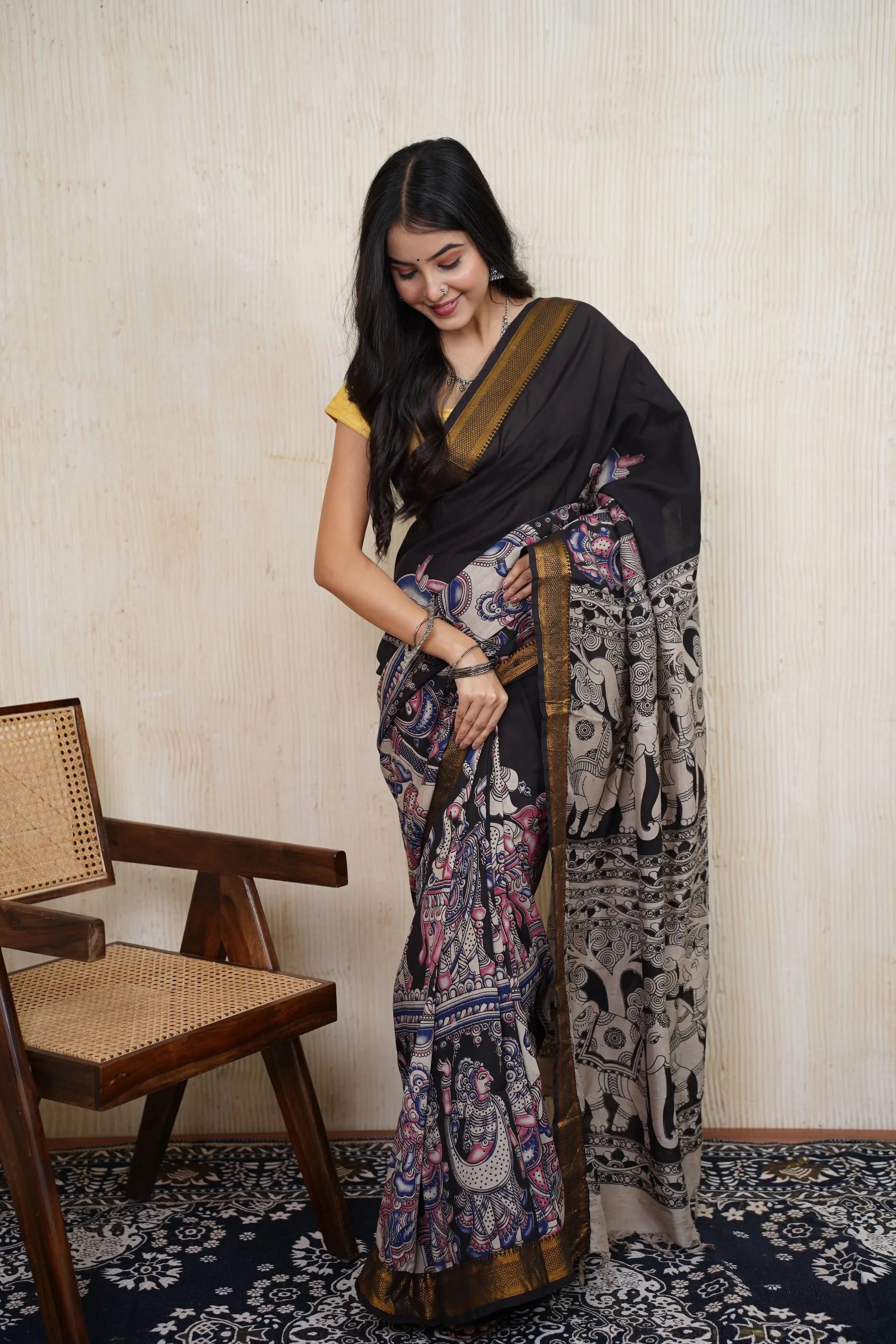 Komali Black Kalamkari Saree