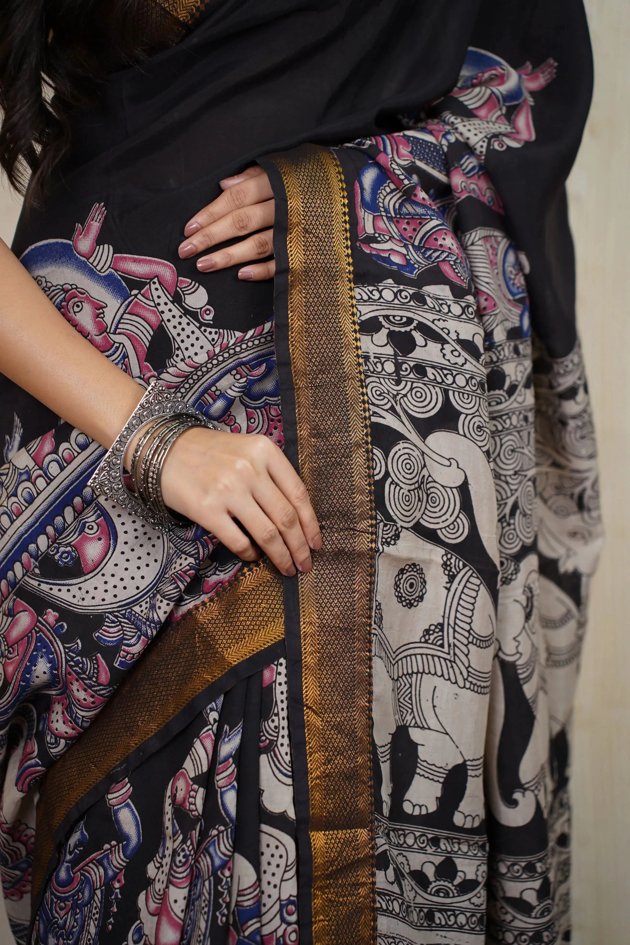 Komali Black Kalamkari Saree