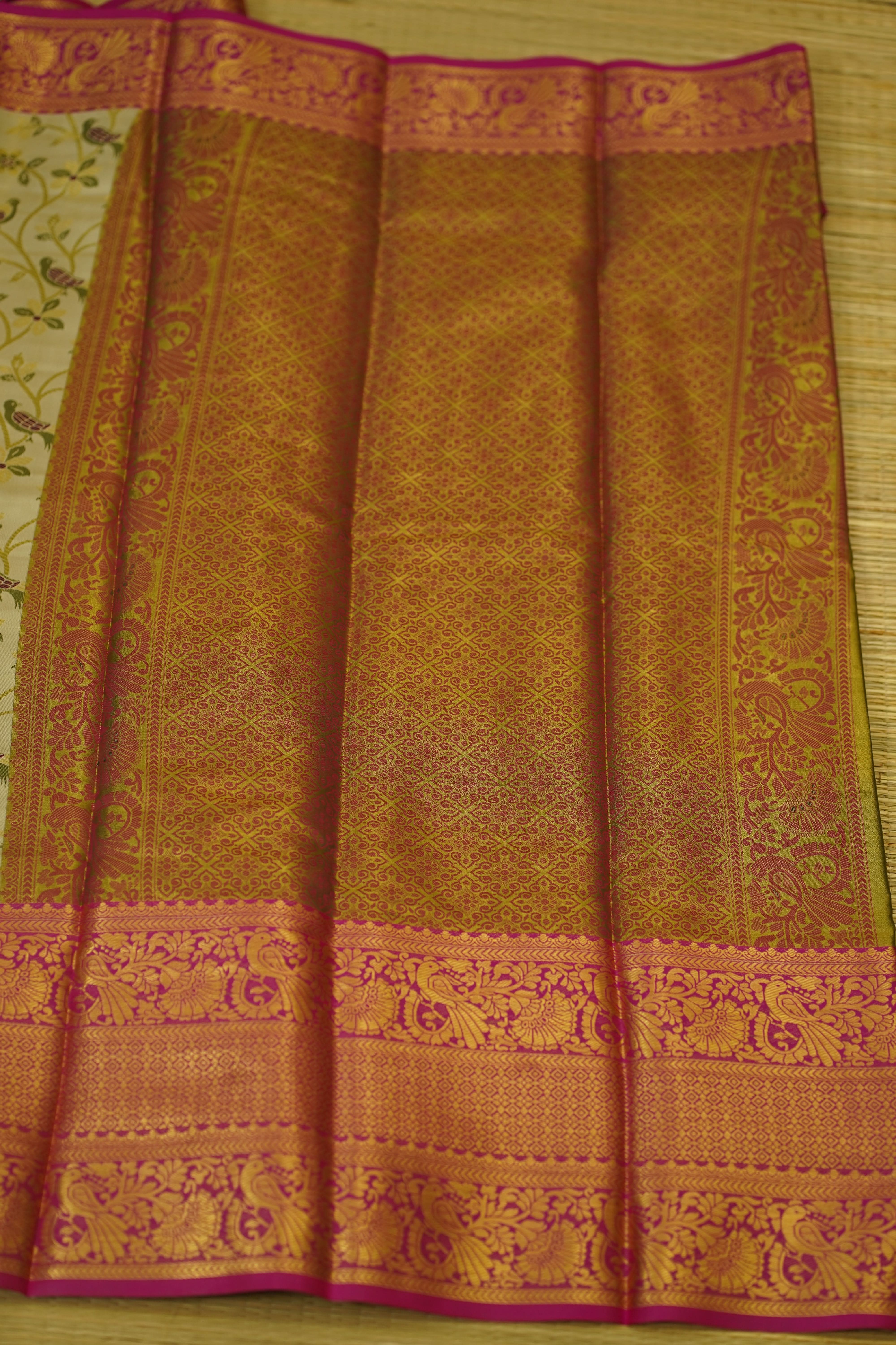 Traditional saree with intricate patterns on a plain background