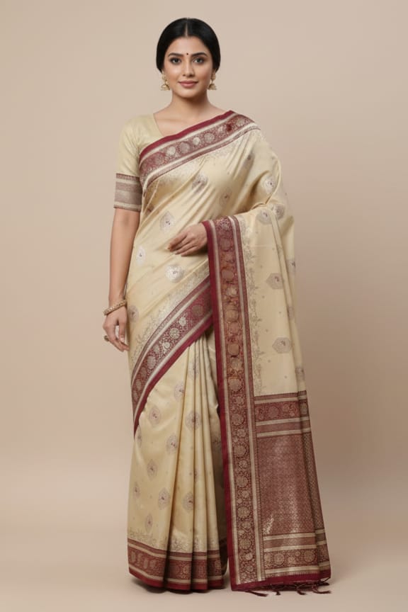 Woman wearing a beige saree with red and brown border on a beige background