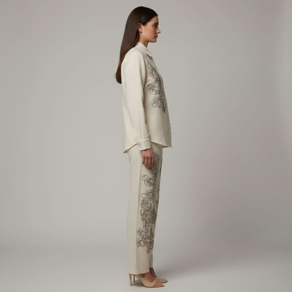 Woman wearing a beige embroidered outfit on a plain background. www.laaki.co www.laaki.co