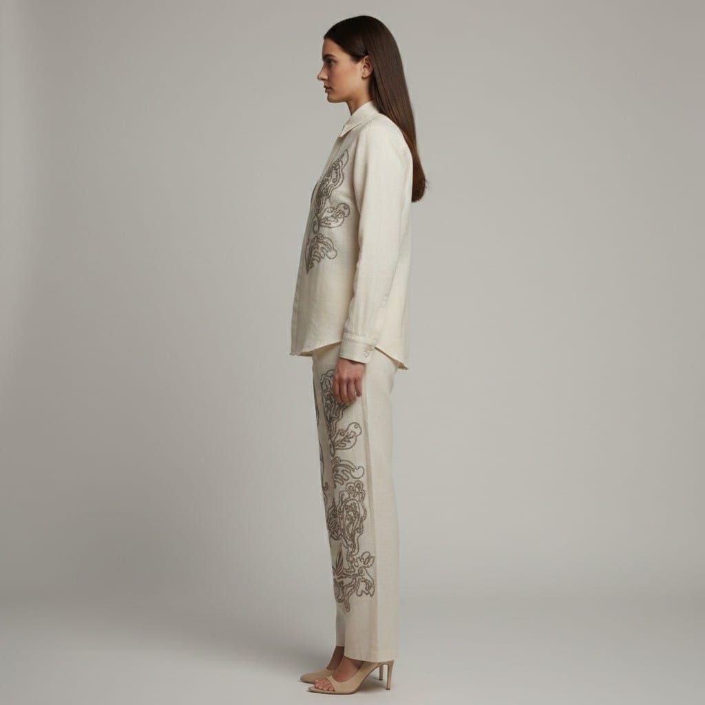 Woman wearing a cream-colored outfit with intricate black patterns on a plain background. www.laaki.co