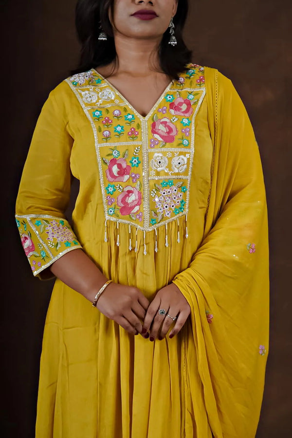 Adira Yellow Embroidered Cotton 3-Piece Set