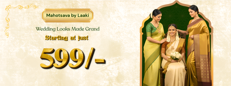Advertisement for 'Mahotsava by Laaki' with women in traditional attire and promotional text.