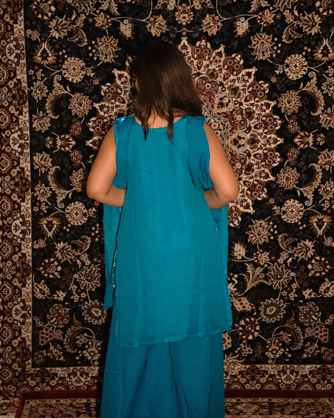 KRYSTAL Teal Embroidered Sleeveless Kurta Set (3-Piece)