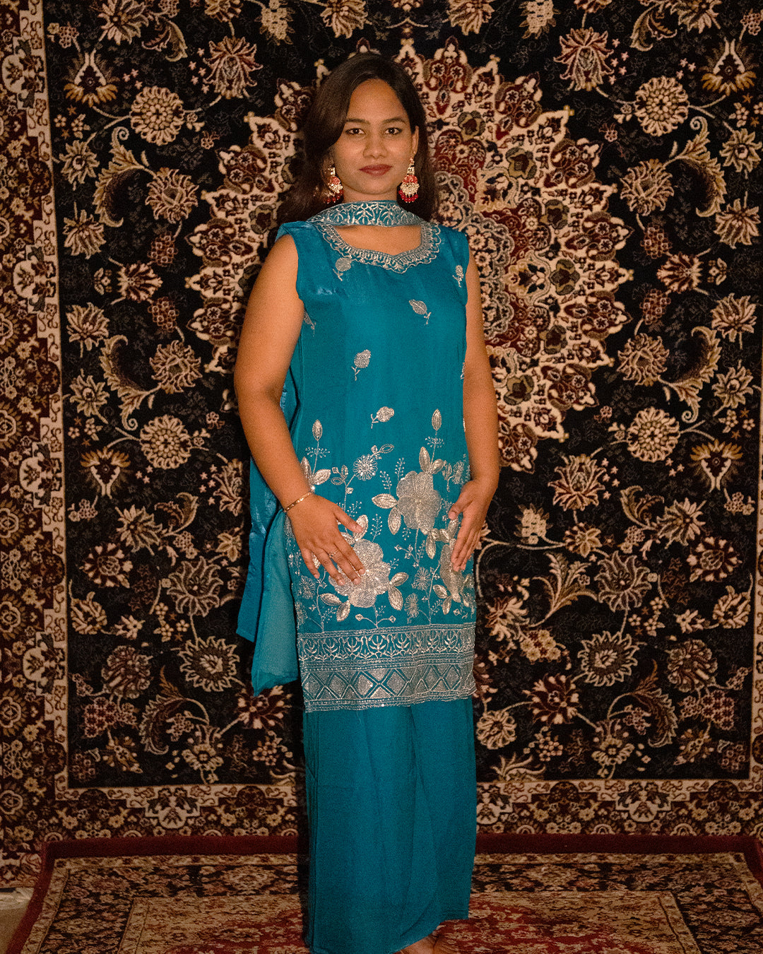 KRYSTAL Teal Embroidered Sleeveless Kurta Set (3-Piece)