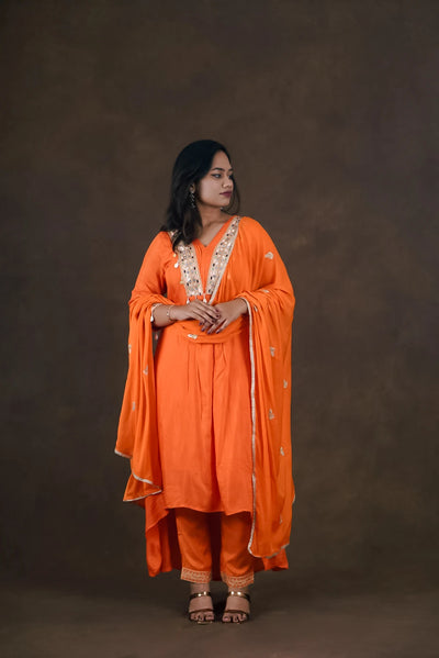 Kaveri Orange Cotton Silk 3-Piece Set