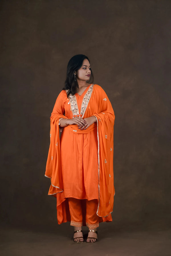 Kaveri Orange Cotton Silk 3-Piece Set