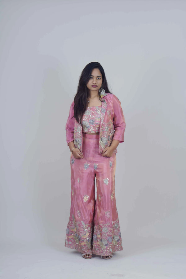 Lisha Pink Tissue Sharara Set  (3-Piece Set)