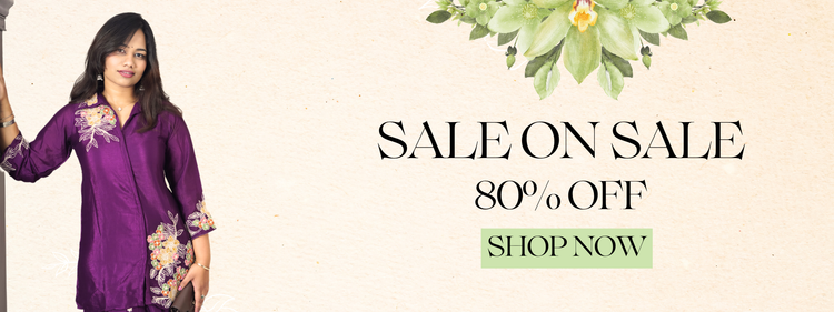 Woman in a purple outfit with floral patterns, holding a broom, on a beige background with sale text and green leaves.