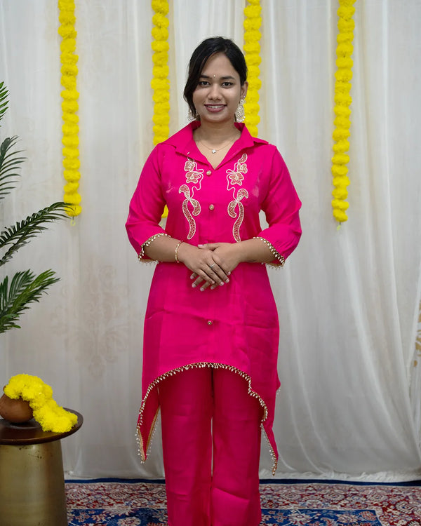 Ada Pink Embroidered  2-Piece Co-ord Set
