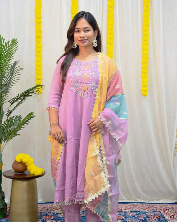 Diksha Lavender Embroidered Tissue Kurti Set (3-Piece)