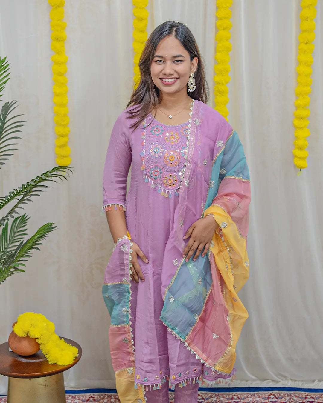 Diksha Lavender Embroidered Tissue Kurti Set (3-Piece)