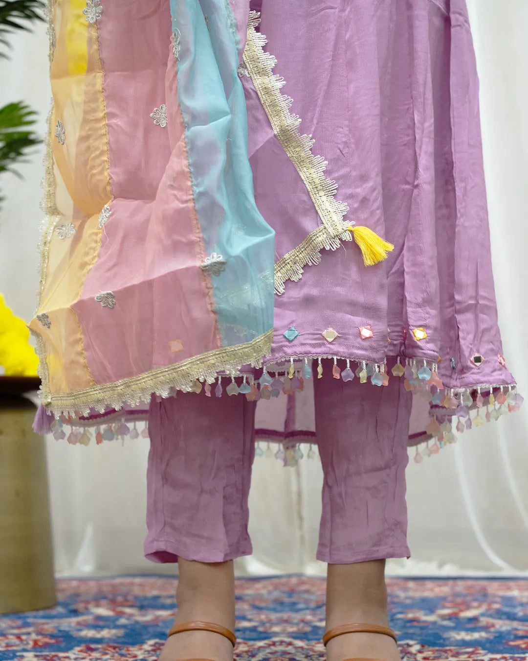 Diksha Lavender Embroidered Tissue Kurti Set (3-Piece)