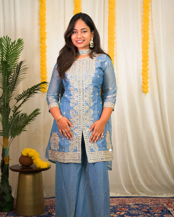 Sanvi Sky Blue Embroidered Tissue Sharara Set