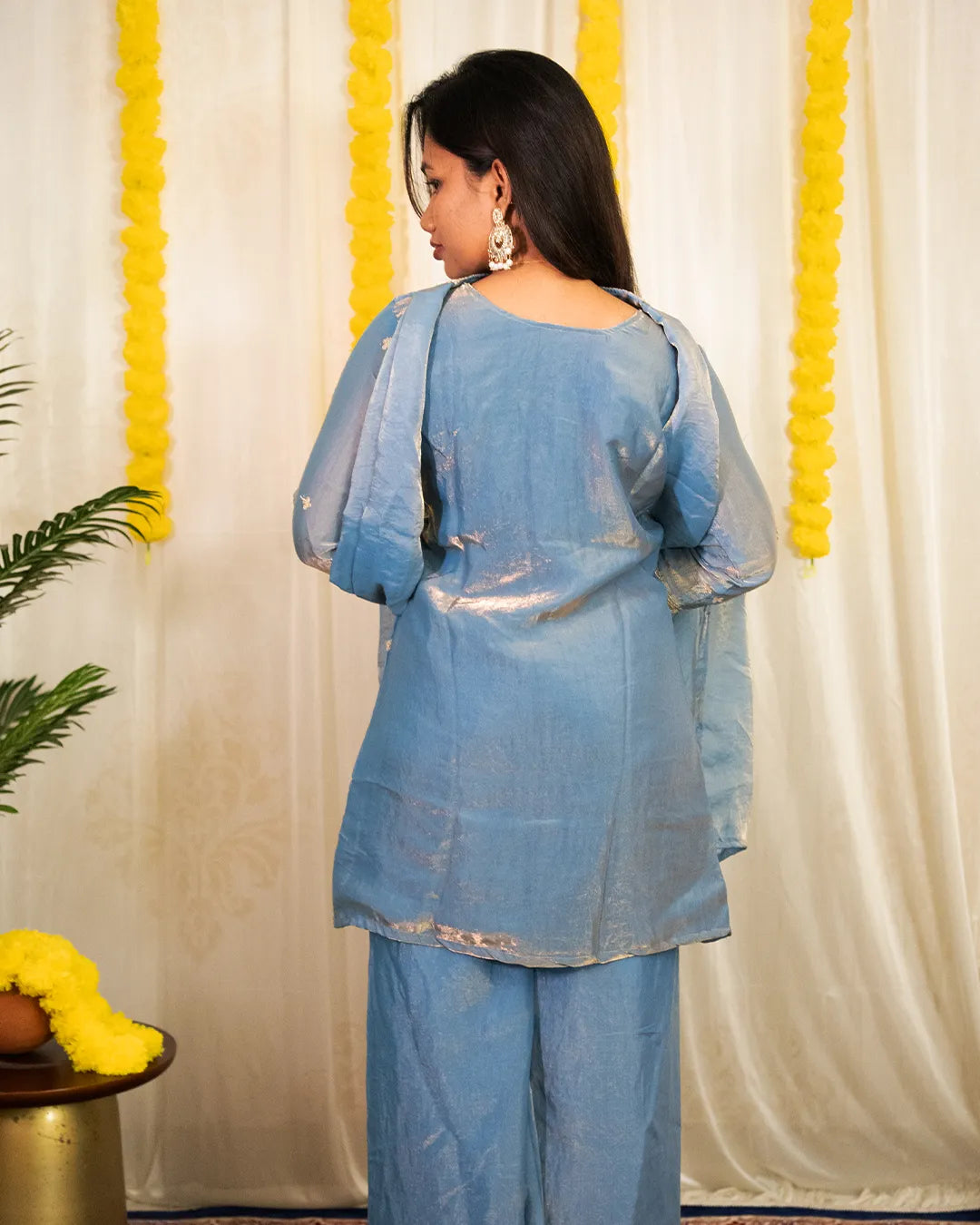 Sanvi Sky Blue Embroidered Tissue Sharara Set