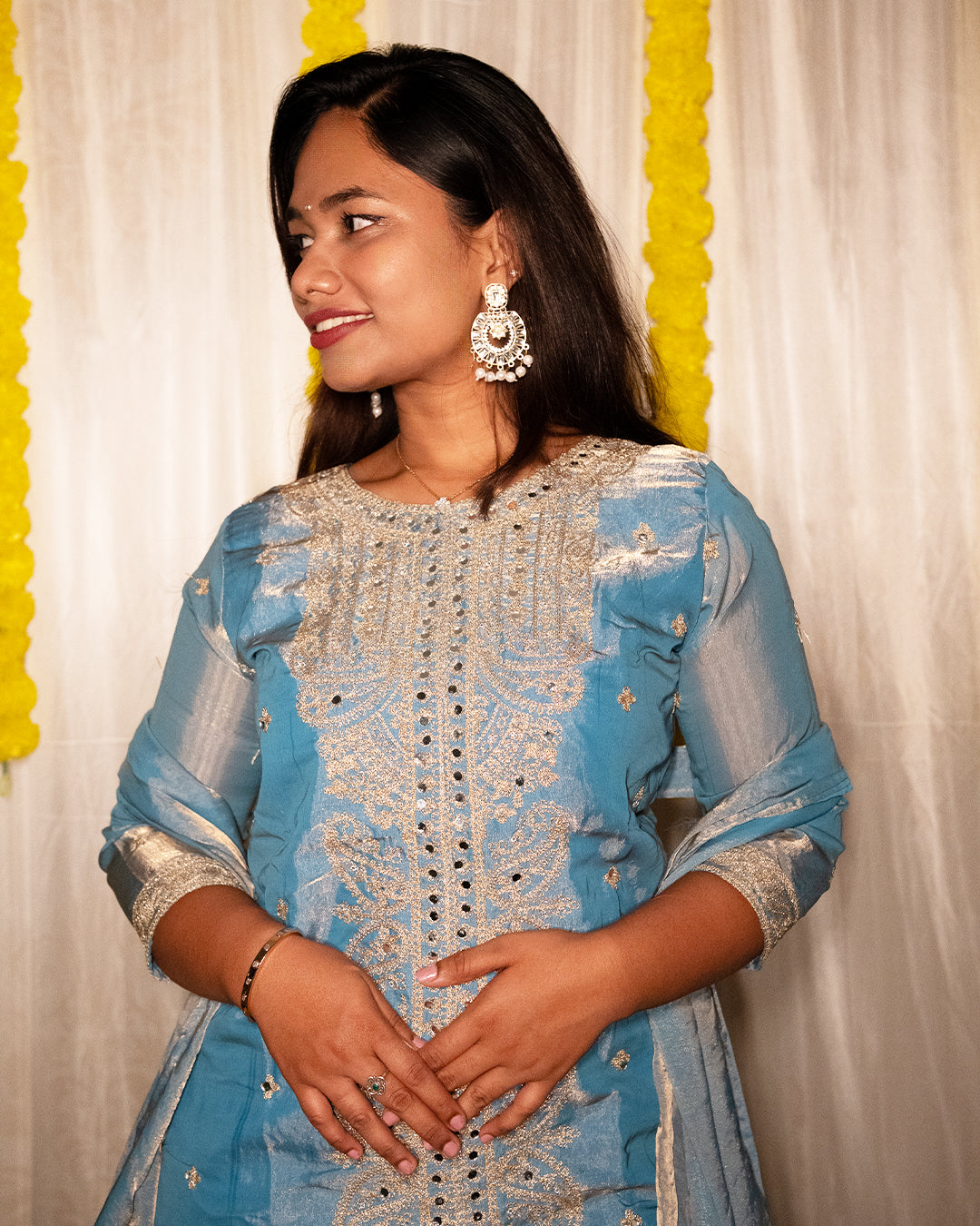 SANVI Sky Blue Embroidered Tissue 3-Piece Set