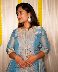 SANVI Sky Blue Embroidered Tissue 3-Piece Set