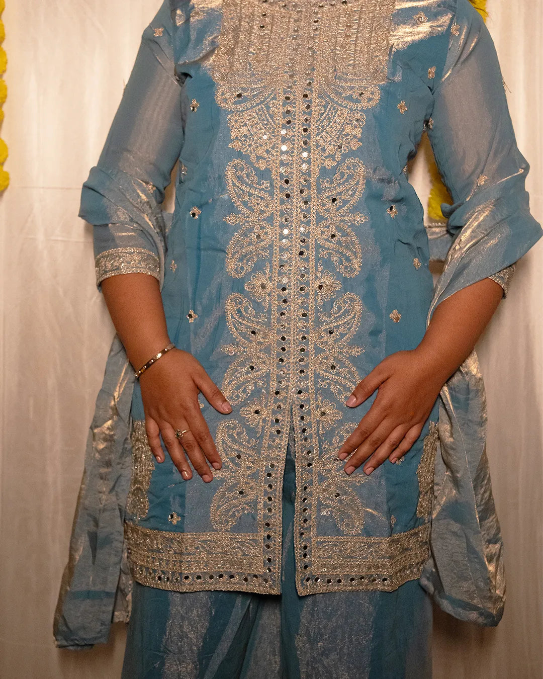Sanvi Sky Blue Embroidered Tissue Sharara Set