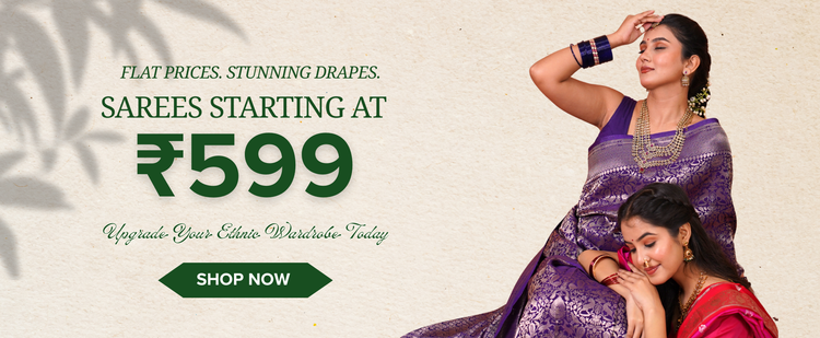 Two women in sarees with promotional text for sarees starting at ₹599 on a beige background.